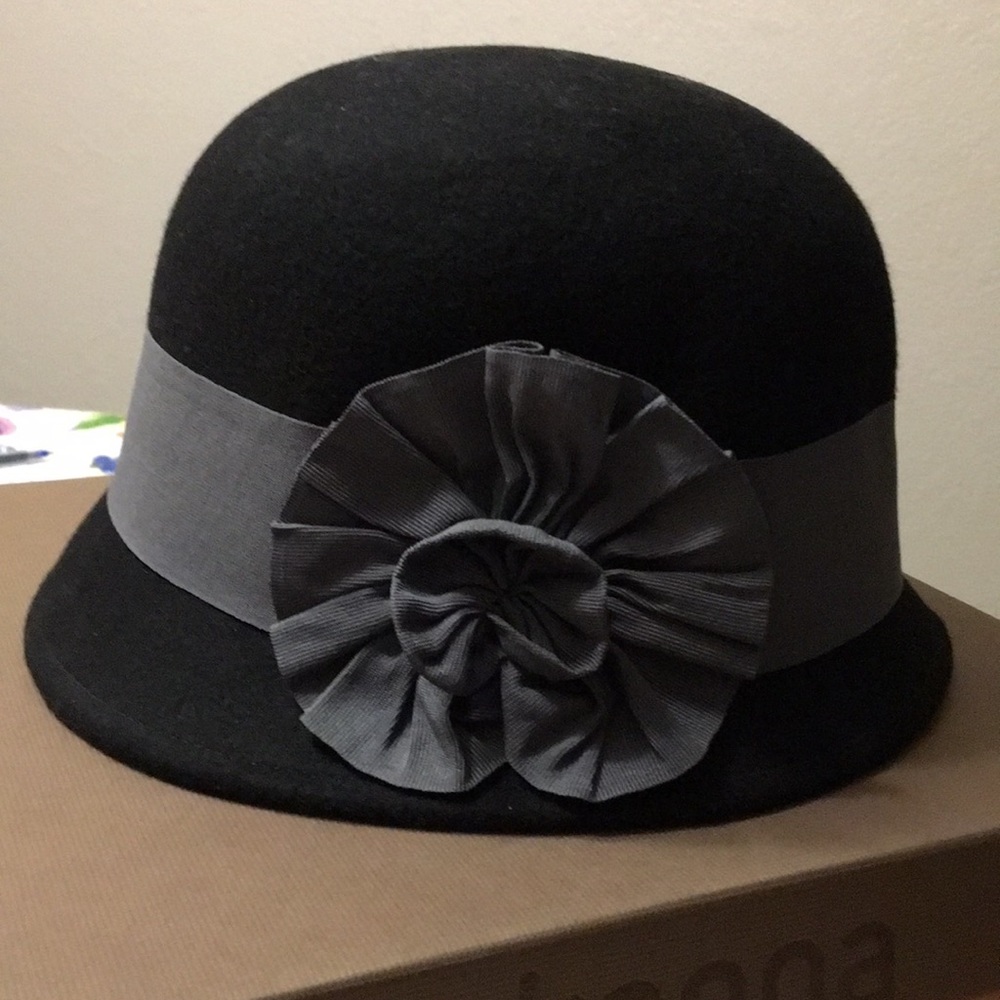 Cloche Hat, black with grey flower and band